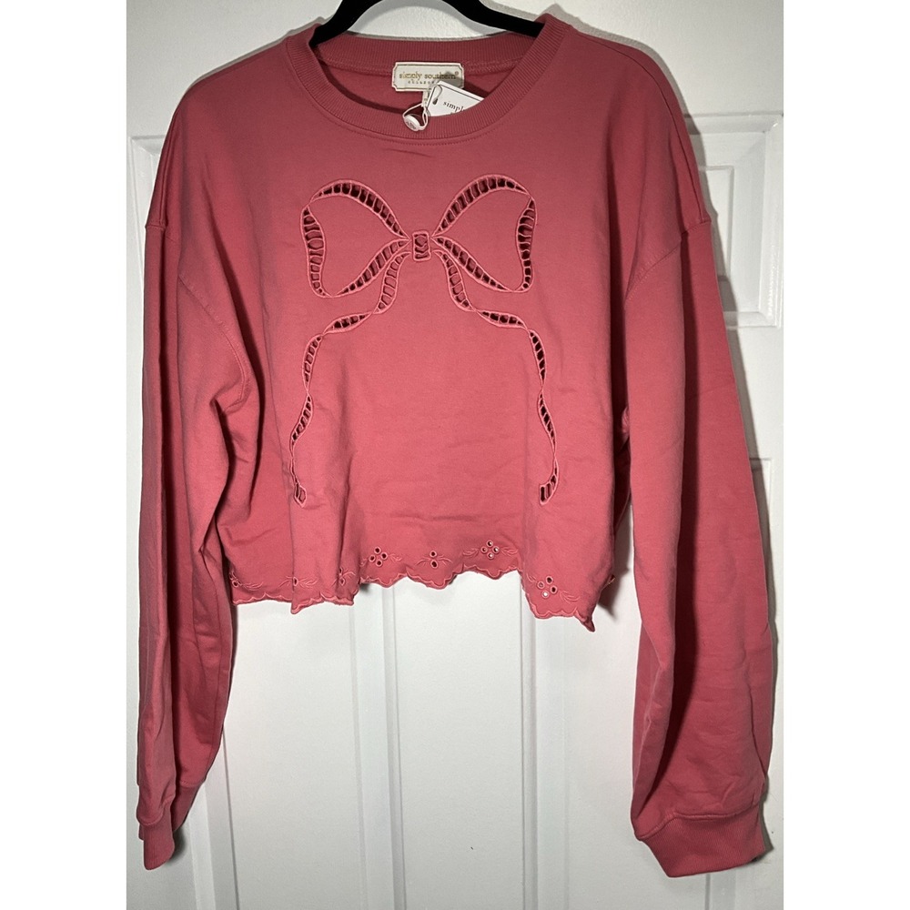 Simply Southern Pink/Rose Cropped Ribbon Embellished Pull Over Women's Large